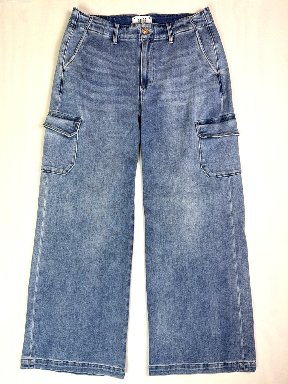 PAIGE Carly High Rise Cargo Wide Leg Jeans Austyn Wash Blue Utility Size 29